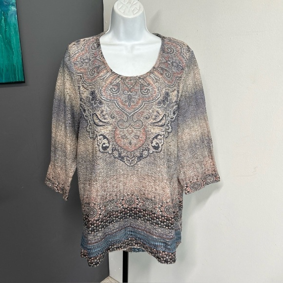 Unity World Tunic Top Women’s 2X Stretch 3/4 Sleeve Boho‎ Artsy Gypsy Style - Picture 1 of 14